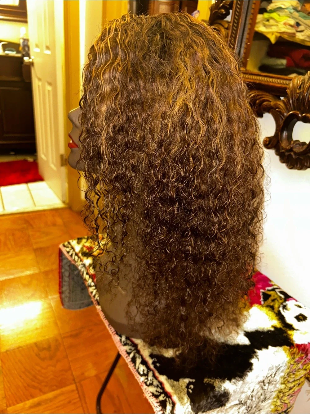 Natural Curly Brown Wig with Honey Blonde Highlights - Unbranded